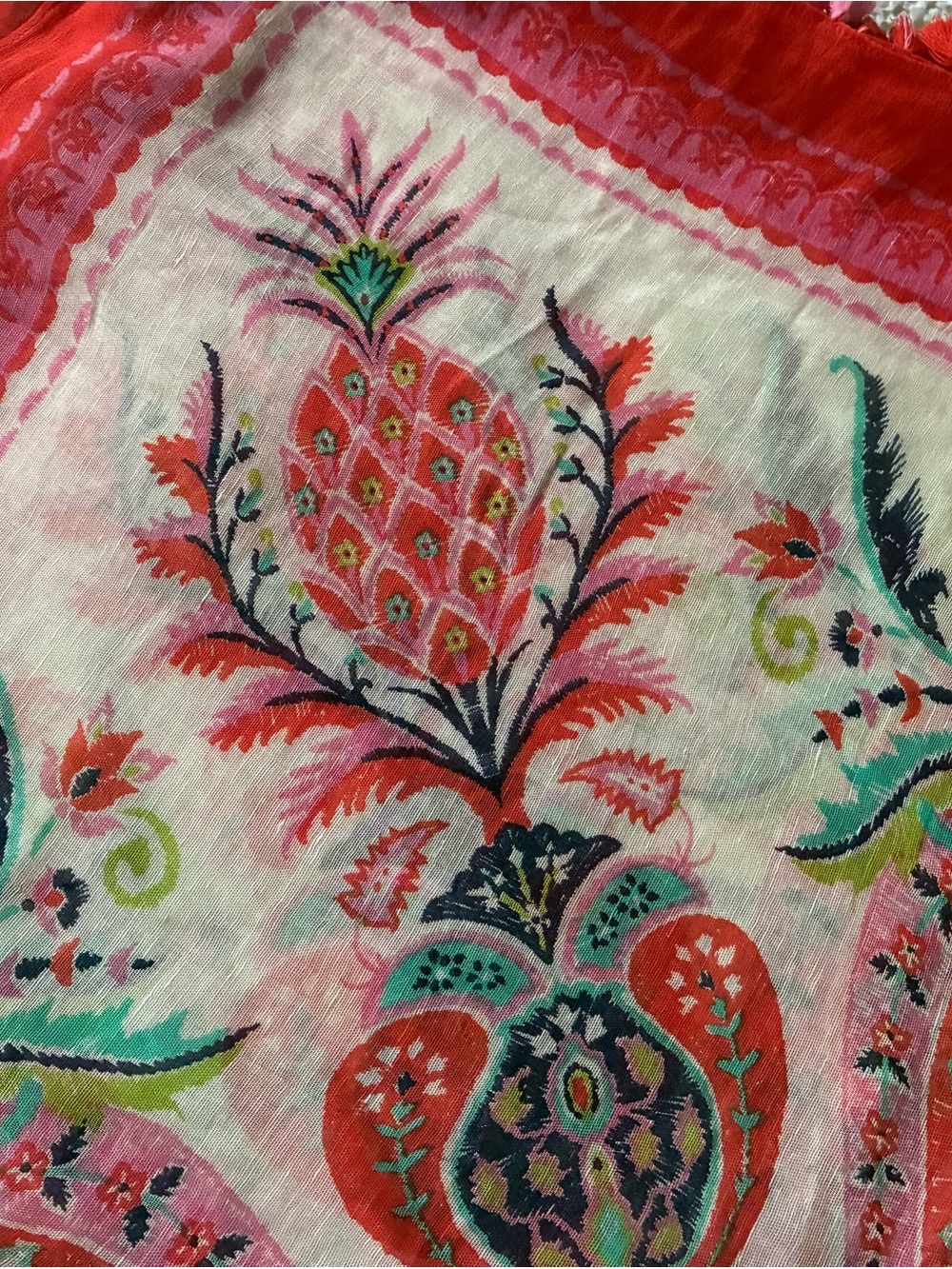 Spartina Floral Paisley Tassel Scarf - Pink & Red - 46” square - Picture 2 of 4